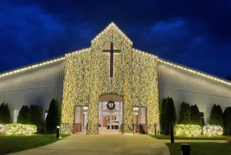 Commercial Christmas Lights Decorations Indoor and Outdoor- a decorated Church in New Jersey